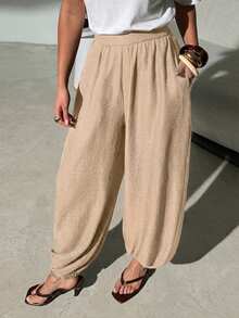 Lavishia Women's Casual Balloon Pants, Comfortable & Versatile Coffee Color Long Pants, Spring/Summer - Khaki - View 4