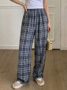 DAZY Plaid Loose Wide Leg Cozy Lounge Pants, Loungewear Bottom, Pajama, Fall & Winter - Blue - View 4