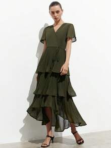 Aveloria Modichic Women's Summer Elegant Olive Green Chiffon Pleated A-Line Dress,V-Neck Wrap Tie Waist Multi-Layer Ruffle Hem Mid-Length Tea Party Wedding Guest Dress - Olive Green - View 2