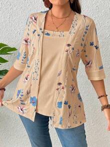 EMERY ROSE Kaos Wanita Musim Panas Motif Bunga dan Daun Patchwork 2 In 1 Atasan Wanita - Khaki - View 3