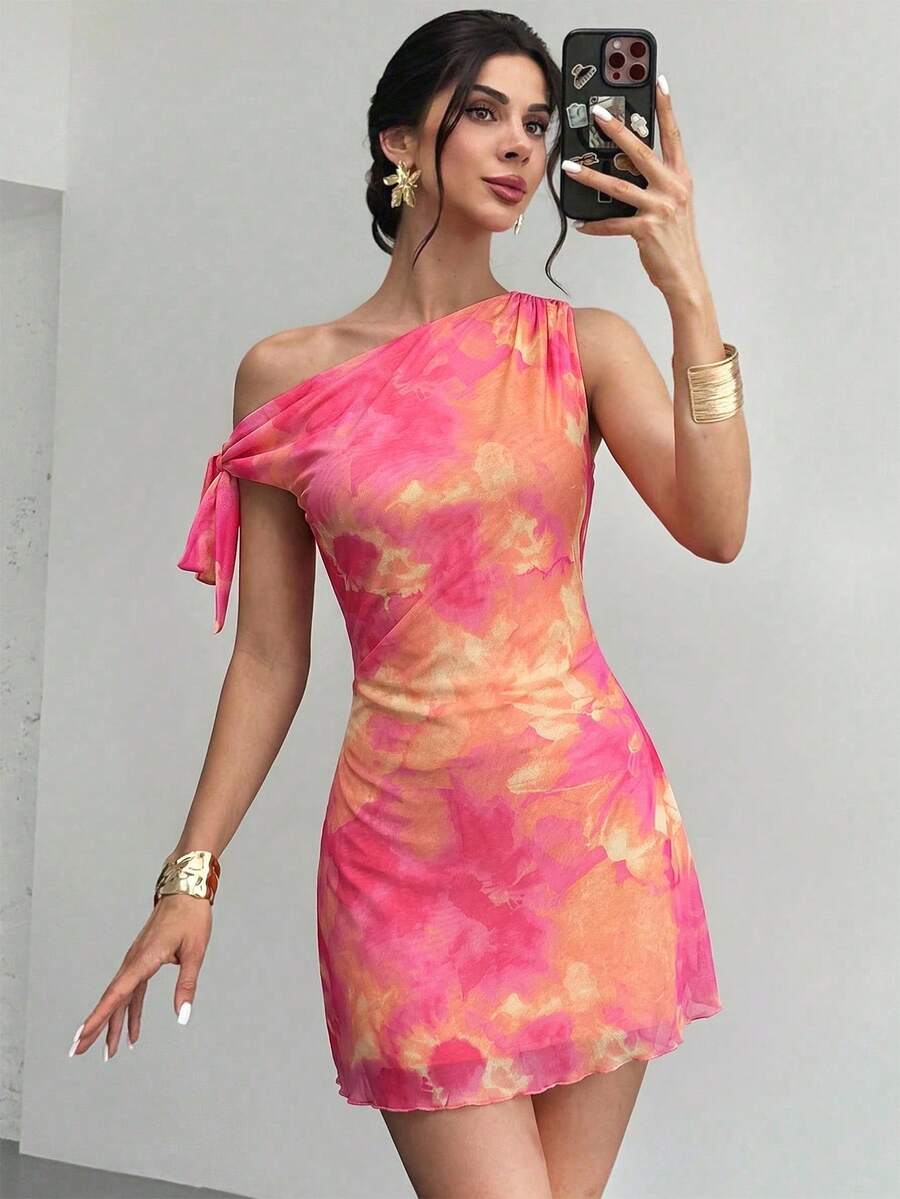Firerie Women's Pink Floral Summmer 70s Party Mesh Mini Dress, Asymmetric Neck One Shoulder Bodycon Dress,Elegant Vacation Beach Hawaii Graduation Prom - Coral Pink - View 1