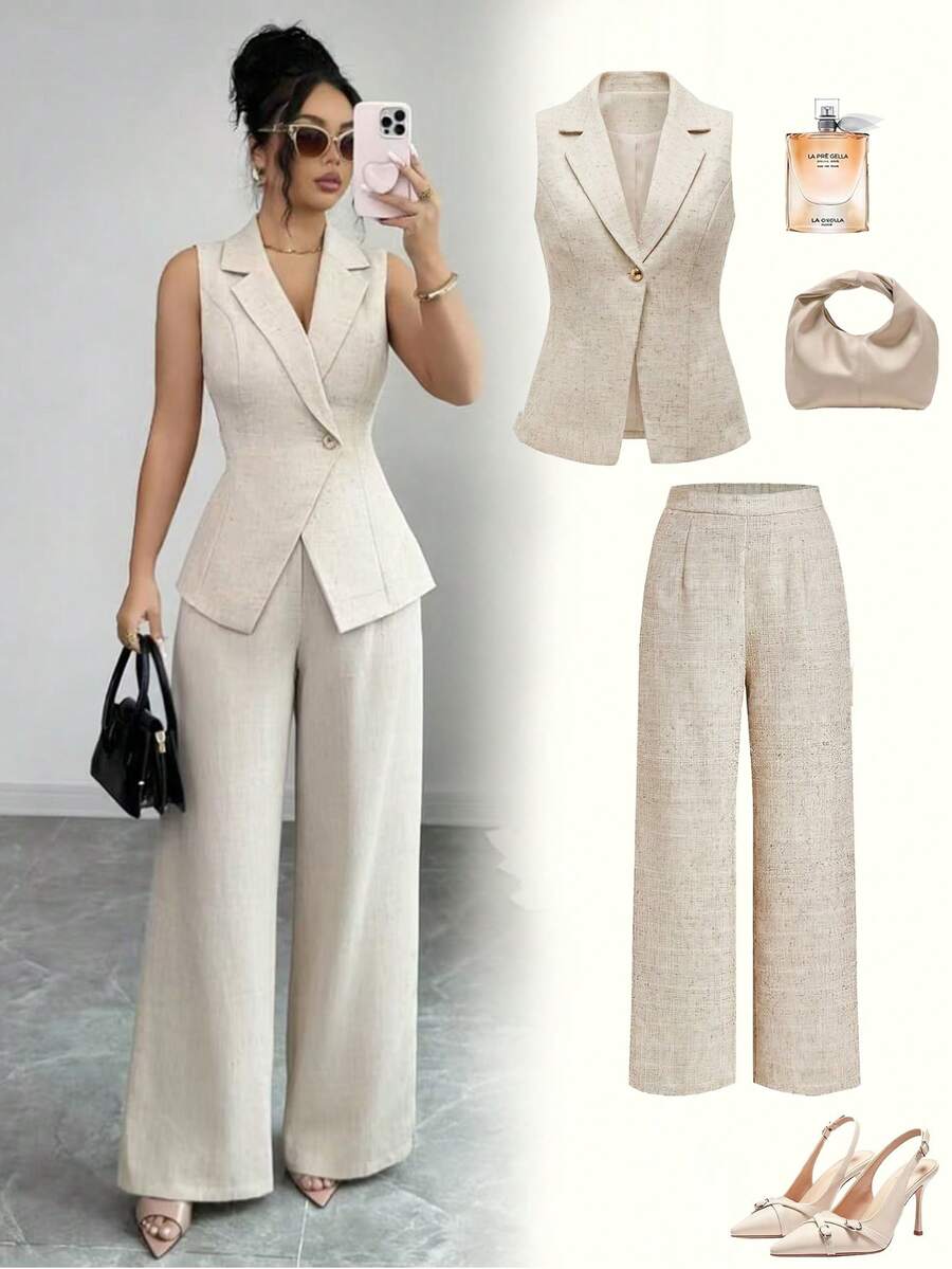 GlowEve Áo sơ mi nữ không tay cài cúc phía trước đính kim loại, kiểu dáng công sở. - Màu be - Xem 1