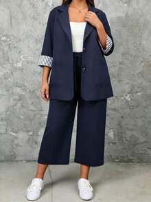 EMERY ROSE 2pcs Plus Size Striped Cuff Long Sleeve Top And Pants Set Fall - Navy Blue - View 4