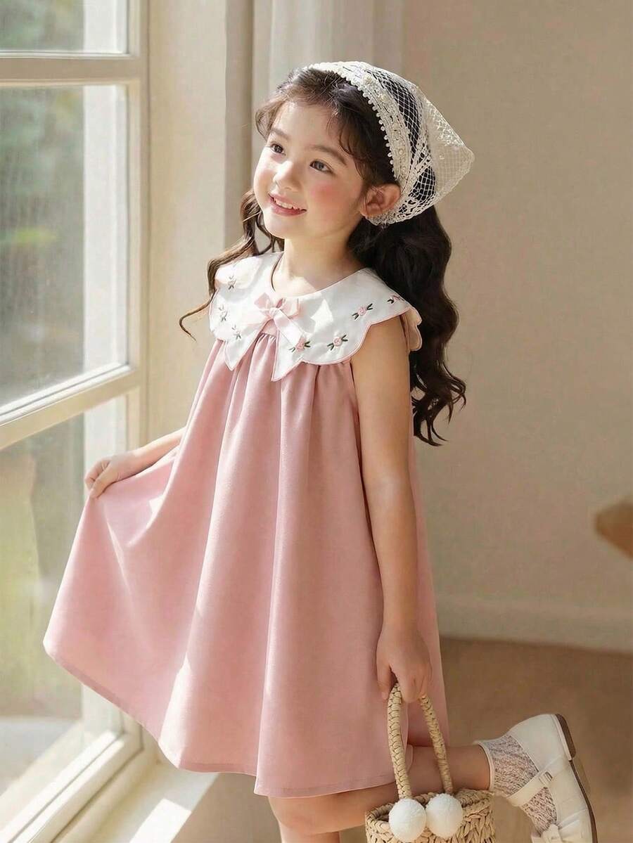Elladie kids 女童可爱娃娃裙,粉色刺绣荷叶边领,蝴蝶结丝带,宽松无袖露背连衣裙,时尚甜美,适合夏季穿着 - 粉色 - 查看 1