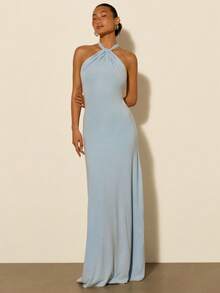 COSMINA Women's Elegant Sleeveless Halter Maxi Backless Fishtail Dress, Suitable For Spring/Summer, Date, Valentine's Day, Evening Party - Baby Blue - View 4