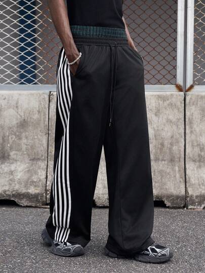 EVRINFINITE 男士休闲运动条纹双层松紧腰阔腿运动裤，秋季外出街头穿抽绳拼色运动裤，适合老公、男友礼物