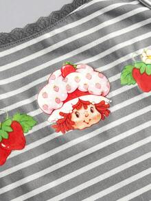 Strawberry Shortcake | ROMWE 条纹卡通草莓印花蝴蝶结装饰可爱吊带背心 - 灰色 - 查看 2