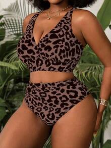 Slaydiva Plus Size Women's 2pcs Leopard Print V-Neck High Waist Triangle Bikini Swimwear - Multicolor - View 4
