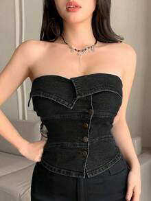 Joudiya Women's Cropped Bandeau Top, Sexy Design, Suitable For Summer And Spring Y2k Tube Top - Black - View 5