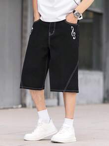 Manfinity EMRG 男士牛仔阔腿印花拼接短裤 - 黑色 - 查看 6