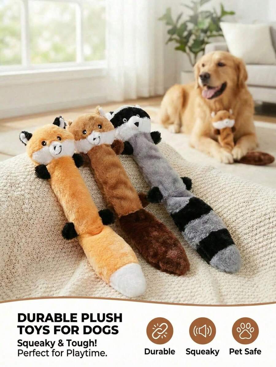 PETSIN Interactive Dog Toys For Medium & Large Dog, Squeaky Plush Dog Toy Set, Chew Dog Toys For Mental Stimulation, Soft Stuffed Dog Toys With Crinkle Sound – Raccoon Fox Squirrel Designs - Multicolor - View 1