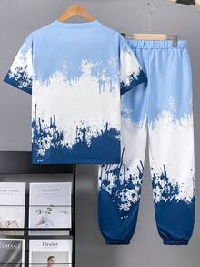 Vacaura 2pcs Tie-Dye Gradient Effect Short Sleeve T-Shirt And Pants Set For Teenage Boys, Suitable For Spring/Summer Outdoor Casual Wear - Blue - View 2