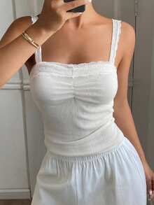 DAZY Sweet Lace Patchwork Pleated Bust Design Wide Strap Self-Padded Women Camisole - White - View 6