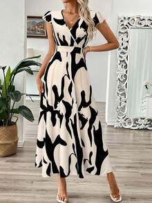 EMERY ROSE Abito da donna con scollo a V, stampa astratta nero e albicocca, taglie comode, vestito a-line con vita snellente, adatto per l'estate - Multicolore - Visualizzare 3