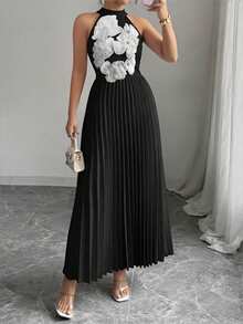 SHEIN Clasi 女士优雅浪漫褶皱假日连衣裙 - 黑色 - 查看 6