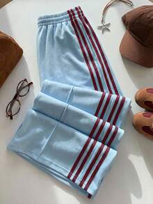 Comfortcana Quần thể thao nữ dáng rộng, thoải mái, cạp chun, màu xanh dương phối sọc tương phản, ống rộng, thích hợp mặc đi học, mùa xuân/hè. - Màu xanh lam - Xem 5