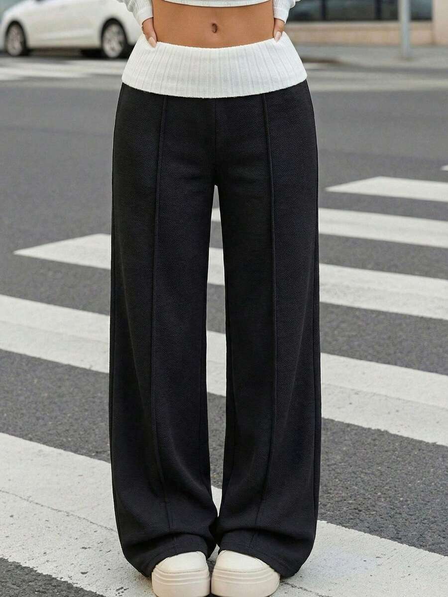 SHEIN 少女休闲返校复古日常穿搭 Y2K 罗纹针织白色翻边裤法式灰色喇叭裤 - 黑色 - 查看 1