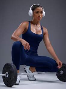 Powerista Women's Summer Gym Sportswear Blue Elastic Backless Letter Print Seamless Jumpsuit - Navy Blue - View 5