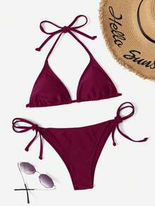 Swim Vcay Solid Color Halter Knotted Bikini Swimwear, Suitable For Summer Beach - Red Violet - View 1