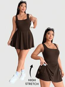 Solflare Bộ áo liền quần không tay, màu trơn, có túi, dành cho nữ cỡ lớn, màu nâu sô cô la. - Màu nâu Sô-cô-la - Xem 1