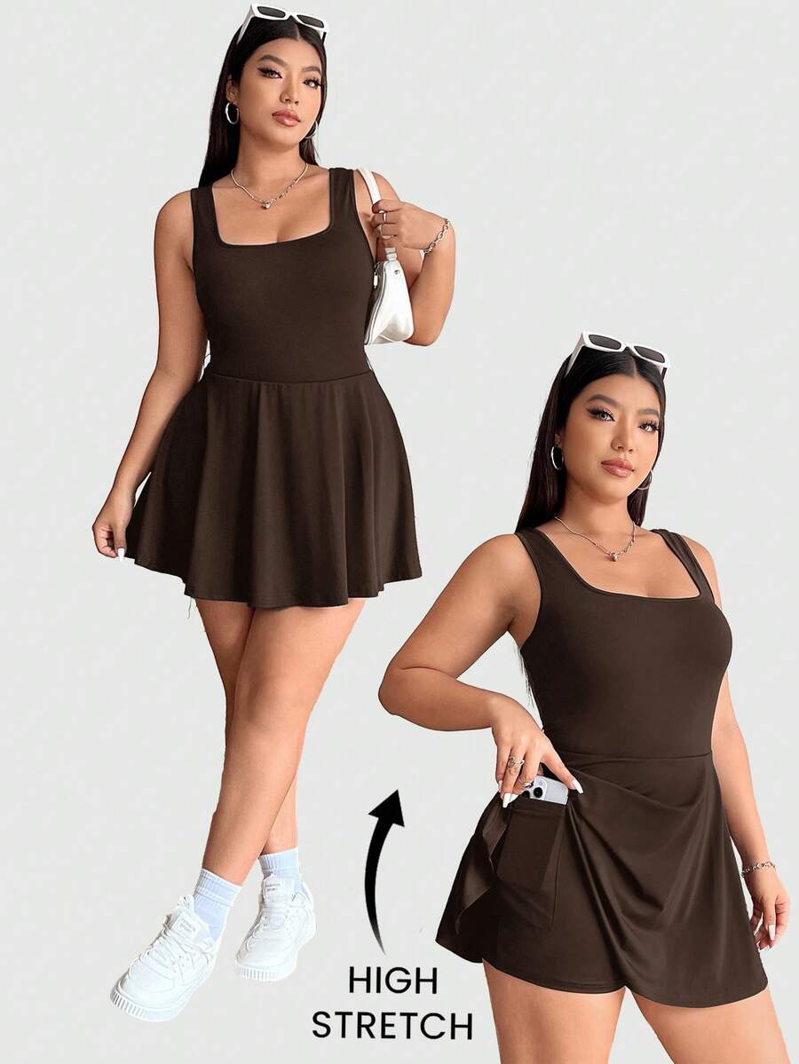 Solflare Bộ áo liền quần không tay, màu trơn, có túi, dành cho nữ cỡ lớn, màu nâu sô cô la. - Màu nâu Sô-cô-la - Xem 1