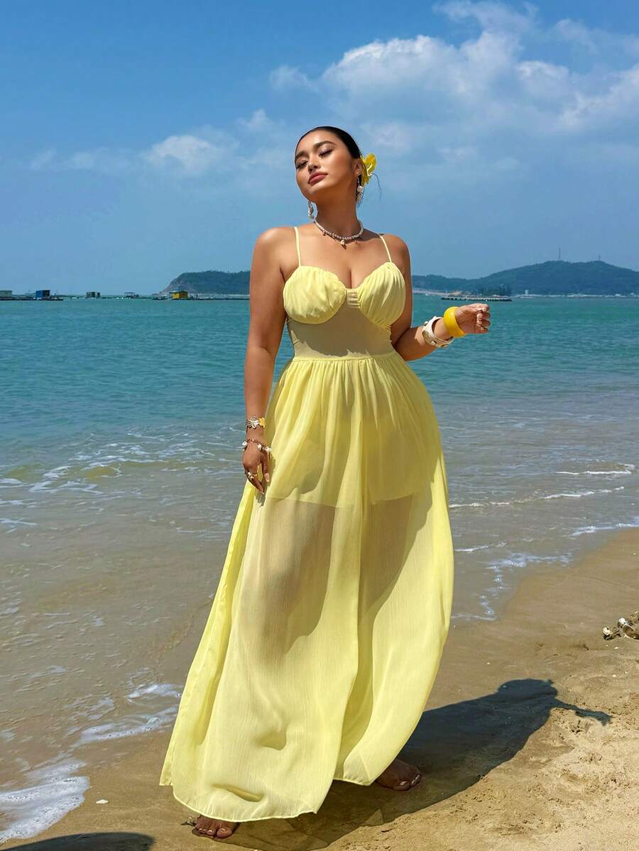 Sunnyshic Plus Size Sexy Off-Shoulder Backless Jumpsuit - Light Yellow - View 1
