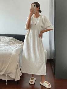 DAZY Loose Fit Homewear Dress With Patterned Decorative Dropped Shoulders Pajama, Moo Moo Night Dress - Light Grey - View 2