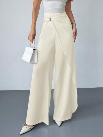 Firerie Women's Elegant Casual Urban Commute Office Wear, White Satin Faced Mid-Waist Wrap Skorts With Metal Buckle Decor, Loose Wide Leg Trousers, Teacher Outfit, Airport Outfit, New Spring/Summer/Autumn/Winter Ladies Pants, Date, Vacation, Leisure, Fashion Versatile