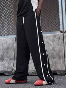 EVRINFINITE Men Contrast Tape Button Side Drawstring Waist Sweatpants - Black - View 1