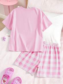 SHEIN X Care Bears 少女熊印花短袖上衣和格子短裤睡衣套装 - 粉色 - 查看 2