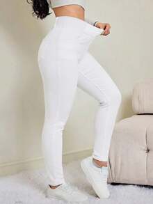 SHEIN Tall Quần jeans nữ dáng ôm cạp cao, chất liệu co giãn, màu tối, thích hợp cho mùa thu/đông, chất vải mềm mại, co giãn tốt, thích hợp cho vải skinny. - trắng - Xem 4
