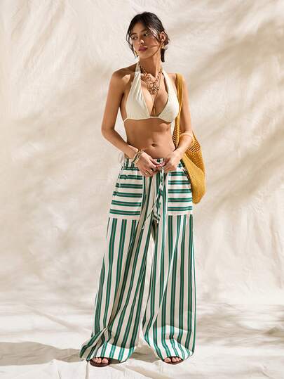 Easelle Countryside Vacation Low Waist Retro Striped Pocket Straight Leg Women Pants