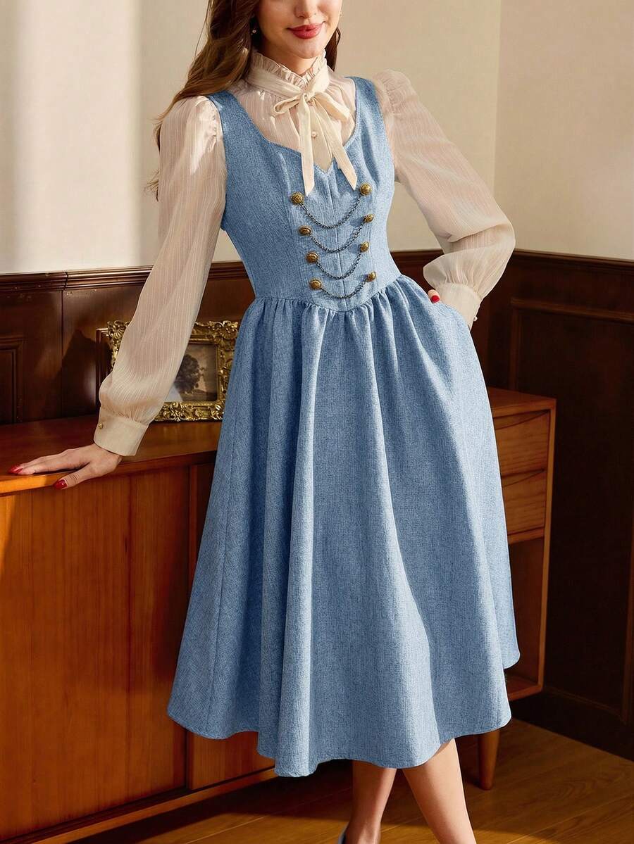 Vintamour 复古优雅女士连衣裙，带口袋，双排扣，链条金属纽扣，休闲度假连衣裙，秋季女装，秋季穿搭，秋季连衣裙，冬季连衣裙，冬季服装，冬季女装，圣诞节女装，圣诞节服装，圣诞节派对连衣裙，棕色连衣裙，优雅女装，优雅女装 - 淺藍色 - 查看 1