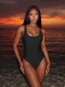 Vaytide Đồ bơi một mảnh không tay màu trơn có lưng khoét lưng dành cho nữ đi biển mùa hè - màu đen - Xem 1