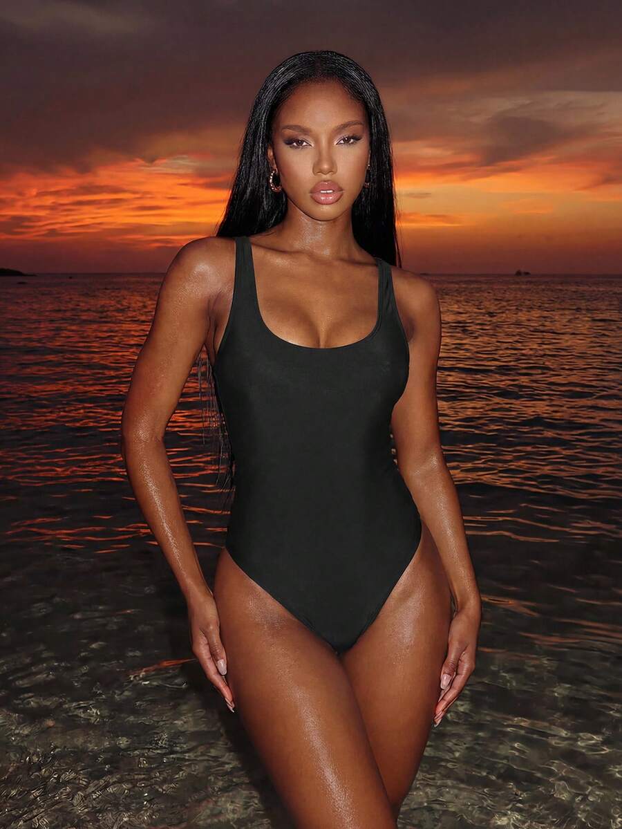 Vaytide Đồ bơi một mảnh không tay màu trơn có lưng khoét lưng dành cho nữ đi biển mùa hè - màu đen - Xem 1