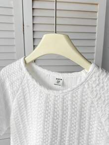 少女白色插肩袖镂空刺绣荷叶边下摆T恤，适合度假、休闲外出，白色蕾丝下摆，少女休闲T恤 - 白色 - 查看 7