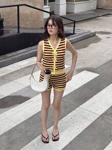 SHEIN 柔软条纹蝴蝶结吊带背心和短裤休闲套装 - 咖啡棕 - 查看 4