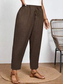 SHEIN Frenchy Plus Size Solid Color Casual Trousers With Elastic Waist And Diagonal Pockets - Brown - View 6