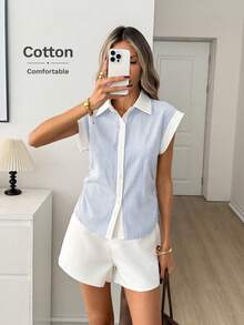 Easowa Chaleco con cuello, hombros anchos, pliegues en la cintura, botones delanteros, camisa de longitud corta, tela de bloques de color y rayas, elegante y casual para oficina, blusa de primavera/verano para damas, 100% algodón, blusas casuales para mujer, ropa de mujer de algodón casual y moderna - Multicolor - Ver 6