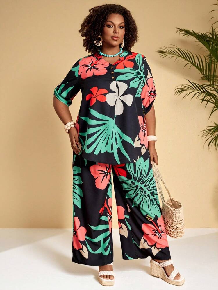 Plus Size Women Tropical Plant Print Short Sleeve Shirt And Wide Leg Pants Casual Suit,Summer Dresses For Women ,Beach Outfits For Women,Casual Sets For Women,Holiday Outfits For Women,Country Outfits For Women Plus Size Vacation Outfits Tropical Outfit For Women Plus Size Women Vacation Outfit Sets Plus Size Women's Summer Outfits Women's Plus Size Dresses Beach Vacation Outfits Woman Plus Size Plus Size Cruise Outfits For Women Plus Size Summer Dresses For Women
