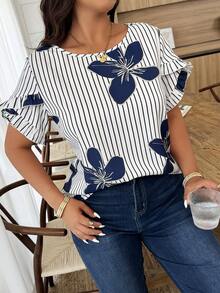 Weeklong Plus Size Women's Casual Floral Puff Sleeve Striped Printed Vacation Shirt, Spring/Summer - Multicolor - View 4