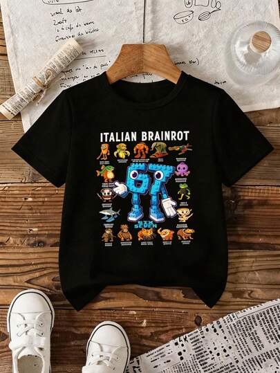 SHEIN Streecool Kids Tween Boys Casual Stylish Funny "67" Graphic Print Italian Brainrot Crew Neck Short Sleeve T-Shirt, Suitable For Outings, Black Short Sleeve Top "Six Seven" Top, Suitable For Summer And All Seasons