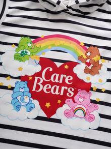 SHEIN X Care Bears 少女夏季休闲条纹爱心熊印花无袖连帽连衣裙 - 黑與白 - 查看 4