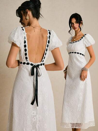 Poéselle 法式蕾丝露背系带泡泡袖连衣裙