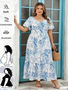 SHEIN CURVE+ Curve 尺码 US22 音乐节、海滨度假、波西米亚风女式度假风印花泡泡袖荷叶边下摆浪漫婚礼/毕业典礼/返校派对可爱休闲单身派对复古夏季橙色热带印花长裙，蓝白印花长裙 - 藍白色 - 查看 2