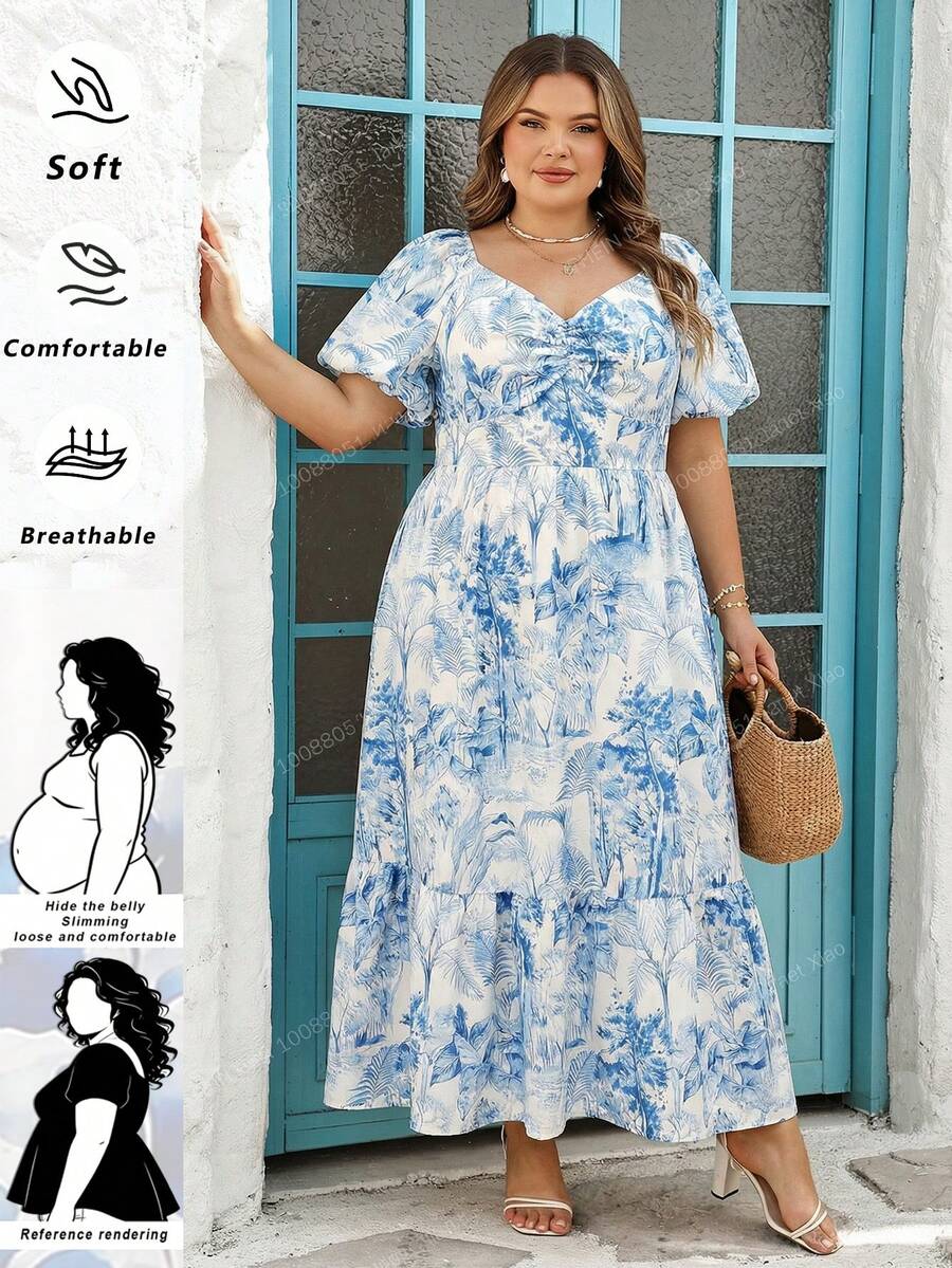 SHEIN CURVE+ Curve 尺码 US22 音乐节、海滨度假、波西米亚风女式度假风印花泡泡袖荷叶边下摆浪漫婚礼/毕业典礼/返校派对可爱休闲单身派对复古夏季橙色热带印花长裙，蓝白印花长裙