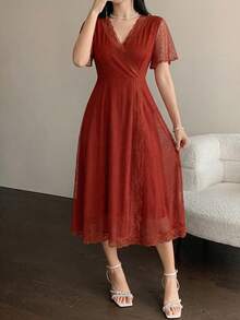 DAZY Knit Patchwork Polka Dot Mesh Lace Patchwork Waist V-Neck Women's Loungewear Dress - Redwood - View 3
