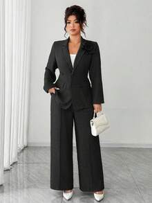 Elenzga Women Plus Size Elegant Floral Decor Blazer Jacket And Wide Leg Pants Suit Set - Black - View 8