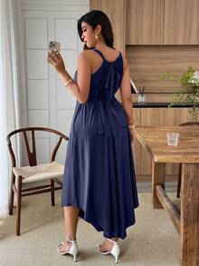Weeklong Plus Size Women's Spring/Summer Sleeveless Elastic Waist Asymmetrical Hem Straight Pants, Waist Belt Decor, Suitable For Daily Wear Wedding Guest - Navy Blue - View 2