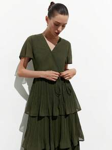 Aveloria Modichic Women's Summer Elegant Olive Green Chiffon Pleated A-Line Dress,V-Neck Wrap Tie Waist Multi-Layer Ruffle Hem Mid-Length Tea Party Wedding Guest Dress - Olive Green - View 5